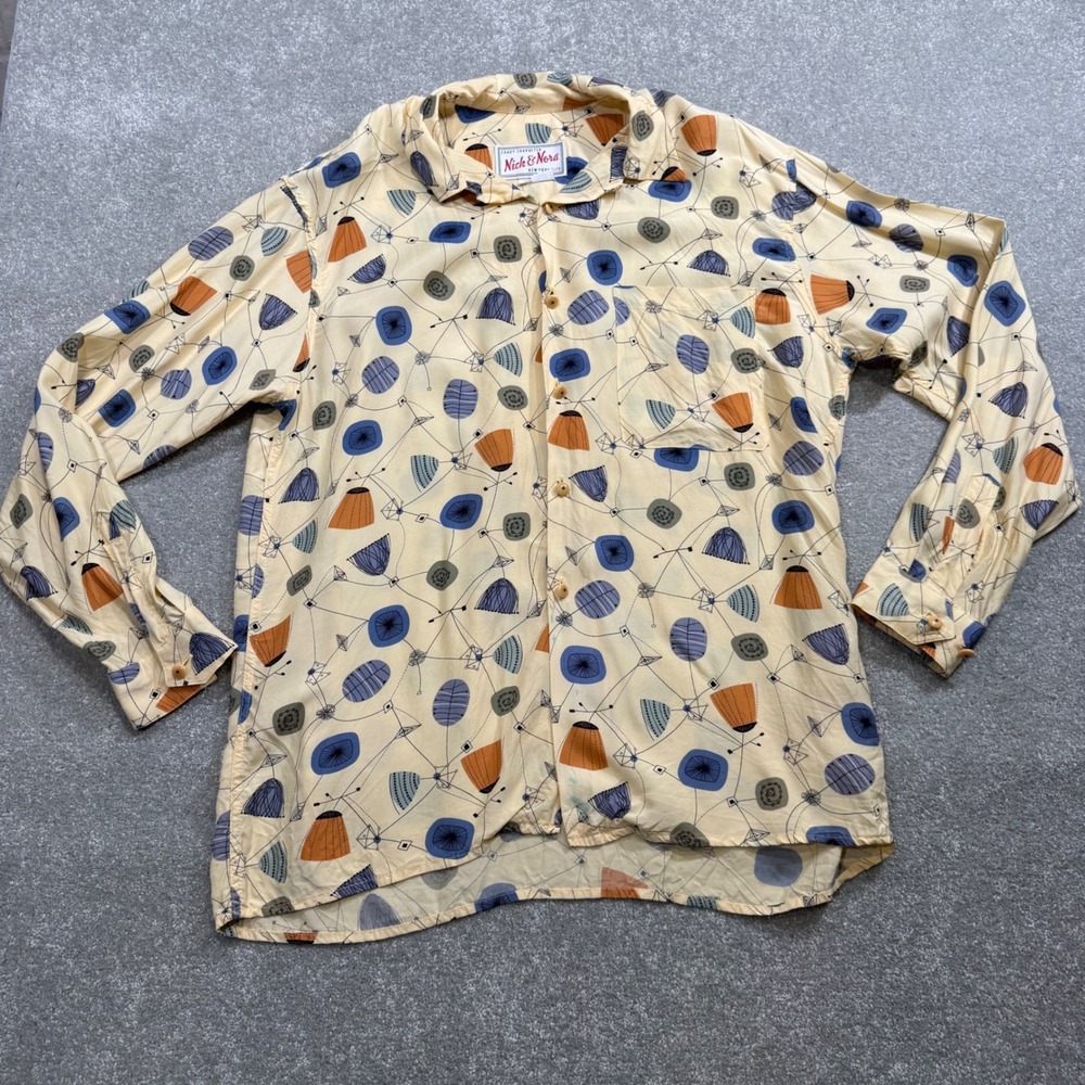 Vintage Nick & Nora Atomic MCM Button Down Pajama Shirt Lrg Retro Geometric USA